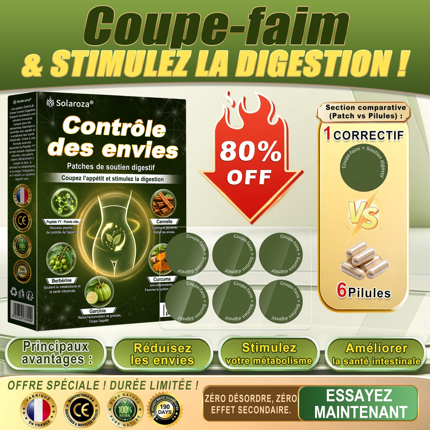Solaroza® PATCHS DE CONTRÔLE DE L'APPÉTIT ! AUCUN MÉDICAMENT & AUCUN FAIM & AUCUN COMBAT & 100% DE RÉSULTATS.